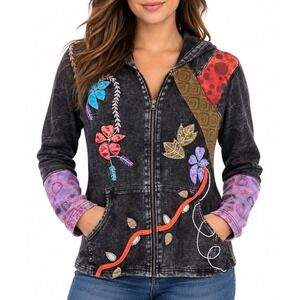 Rising International Womens Hoodie Jacket Black Floral Applique Embroidered M